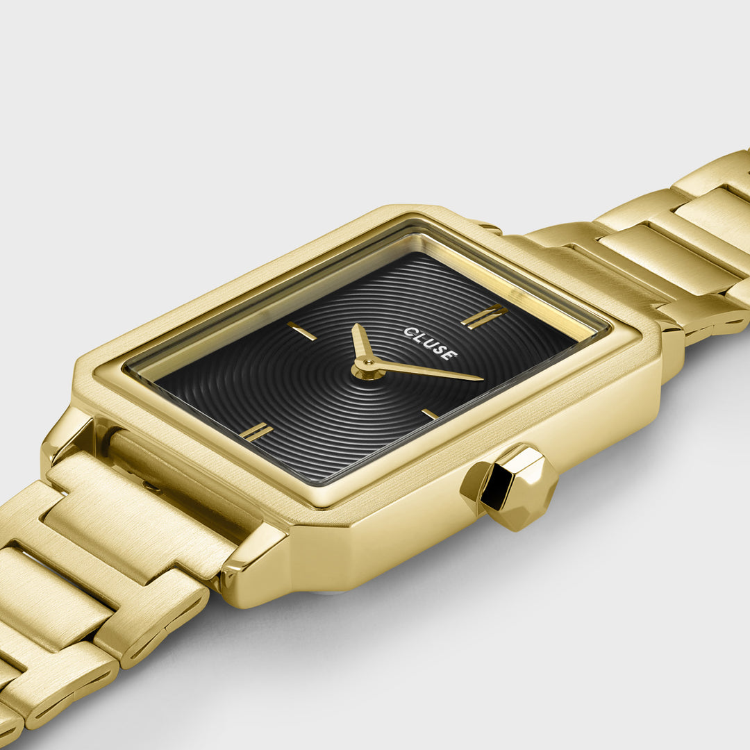 Fluette Watch Steel, Circular Texture Black, Gold Colour CW11512 - watch detail.