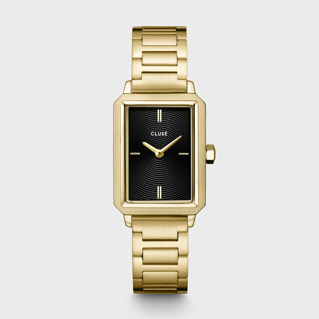 Fluette Watch Steel, Circular Texture Black, Gold Colour CW11512 - watch frontal.