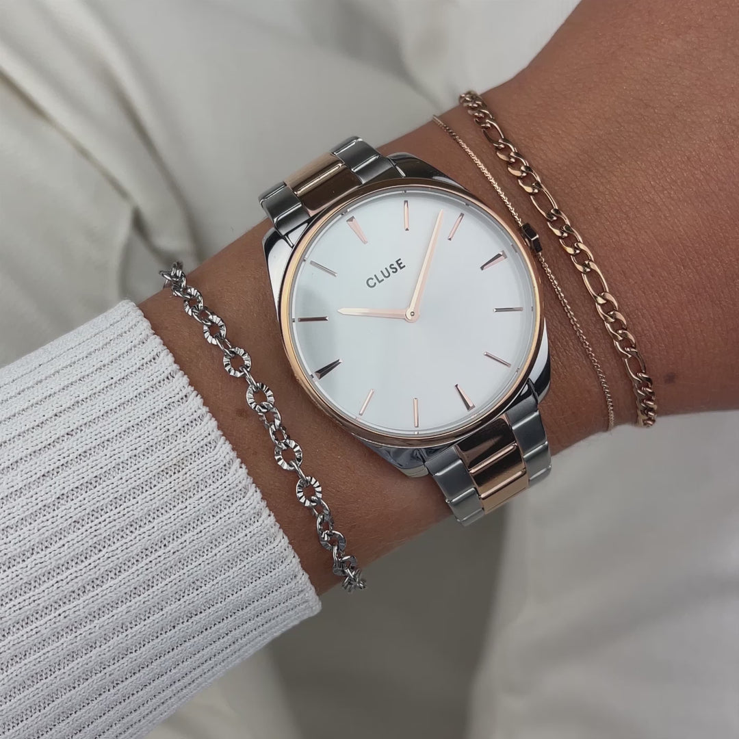 CLUSE Féroce Steel White, Rose Gold/Silver Colour CW11104 - moving wrist shot