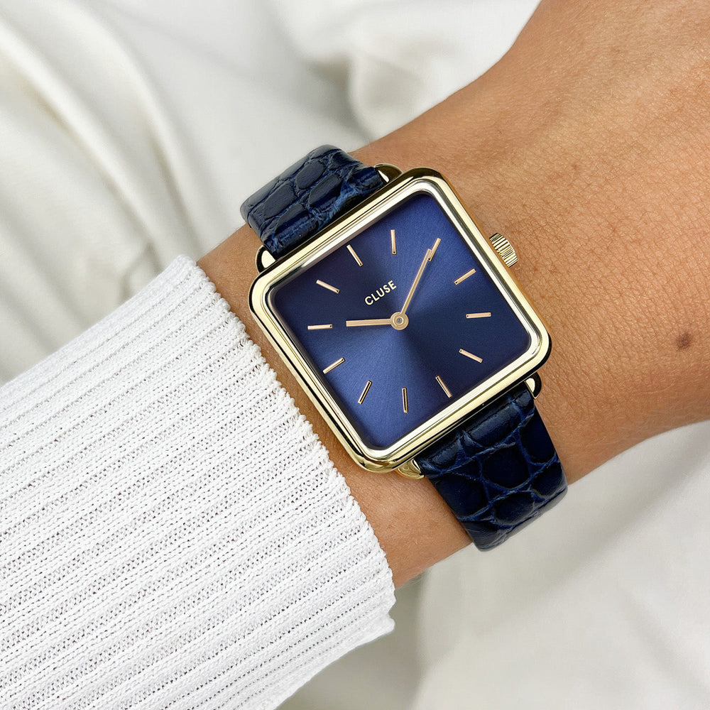 CLUSE La Tétragone Leather Gold Blue/Blue Alligator - Watch on wrist
