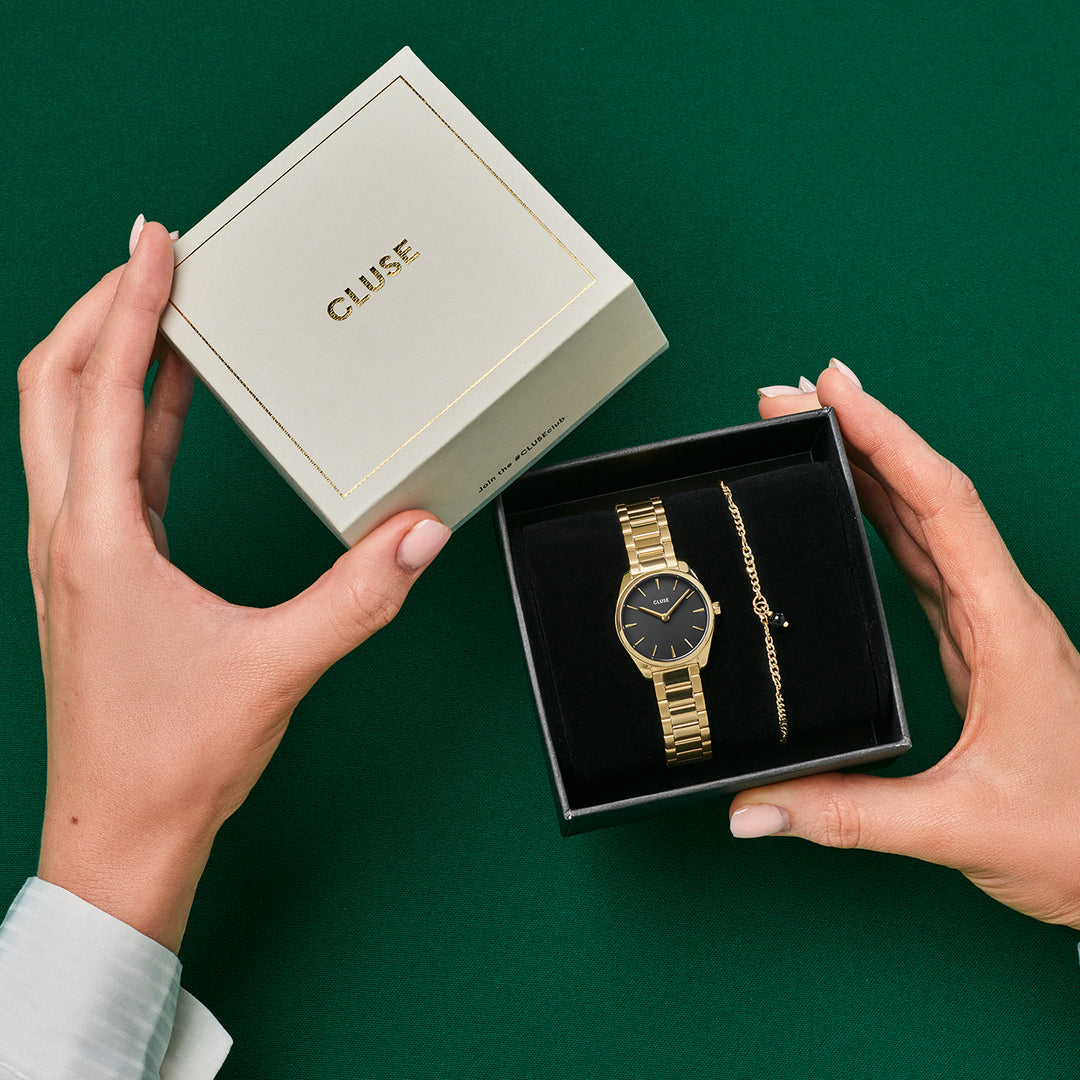 CLUSE Gift Box Féroce Mini Watch Black & Chain Bracelet, Gold Colour CG11701