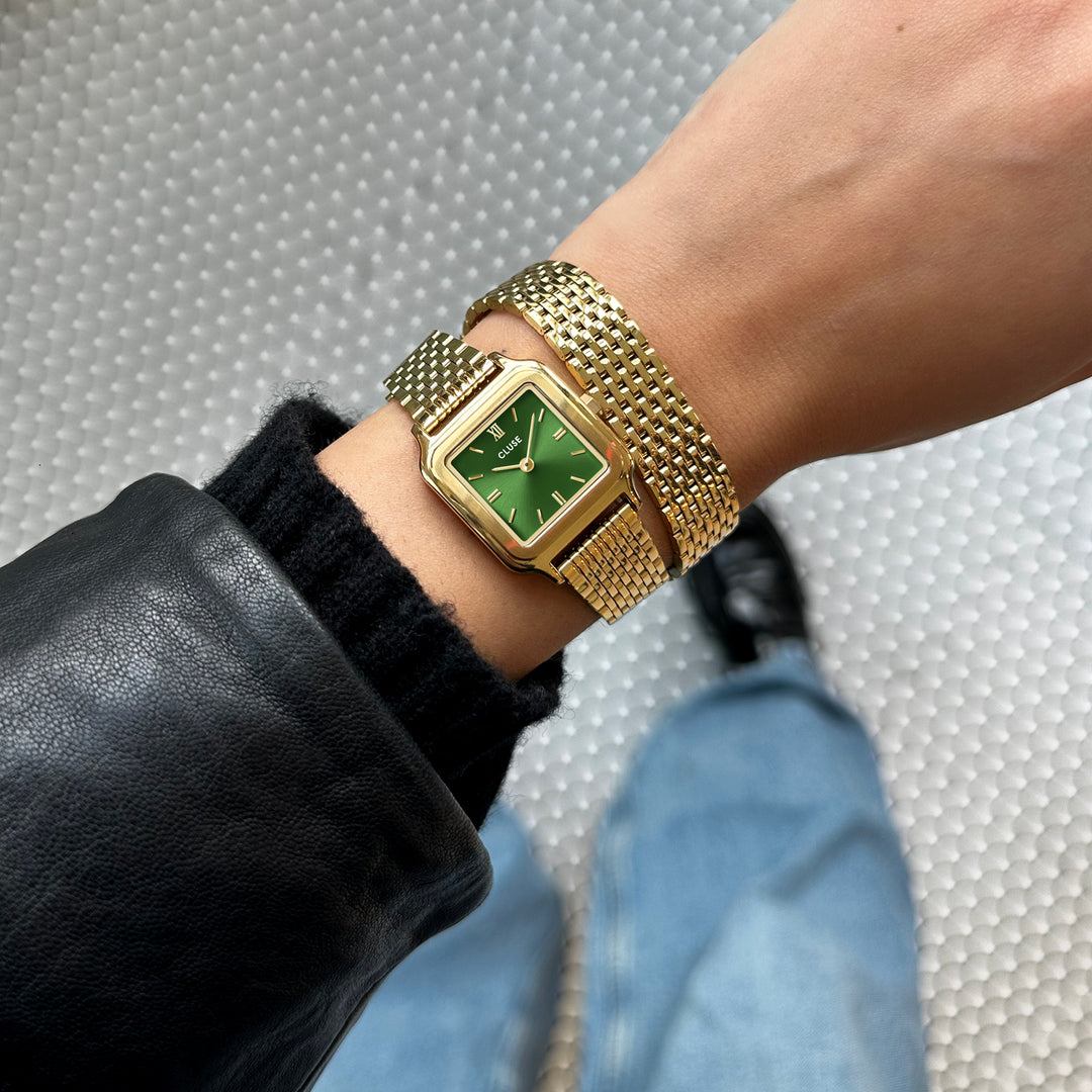 CLUSE Gracieuse Petite Watch Double Steel, Forest Green, Gold Colour CW11811 - influencer wrist shot close up