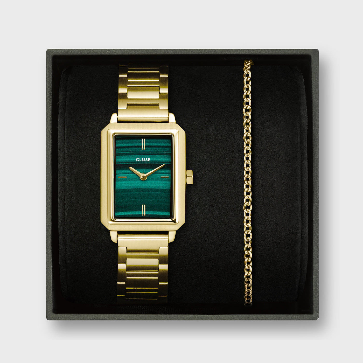 CLUSE Gift Box Fluette Steel Green Watch and Round Chain Bracelet, Gold Colour CG11506 - front gift box image