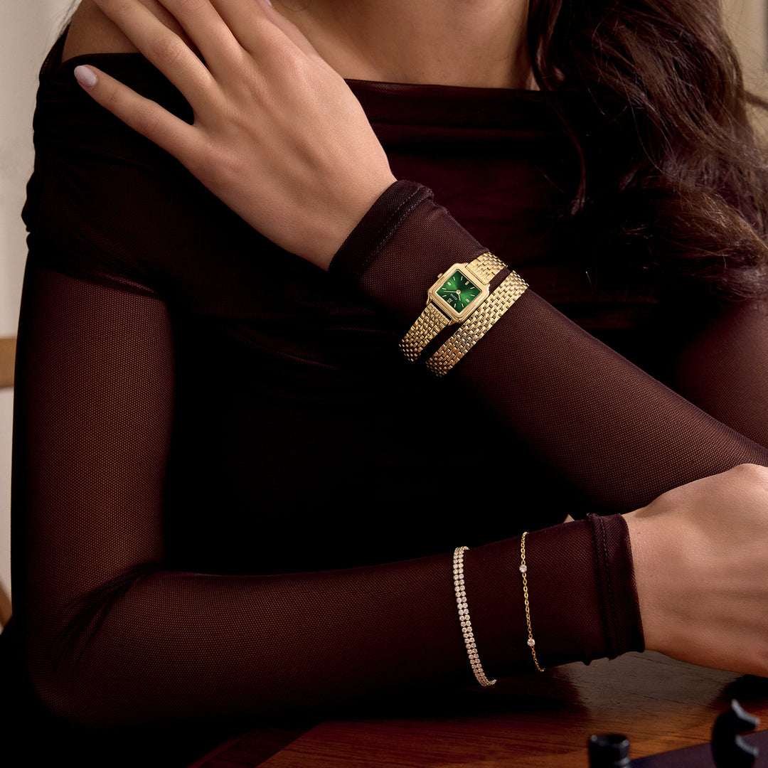 CLUSE Gracieuse Mini Watch Double Steel, Forest Green, Gold Colour CW15504 - Watch on model