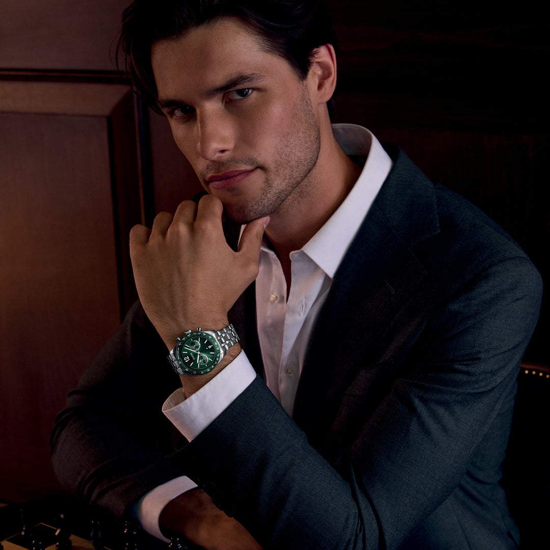 CLUSE Aravis Dual Timer Steel, Green, Silver Colour CW25602 - Watch on model