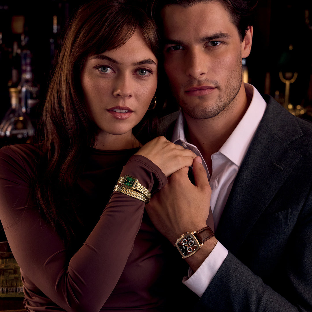 Quartaut Chrono Watch leather, Brown, Rose gold Colour CW52006 - Watch on model