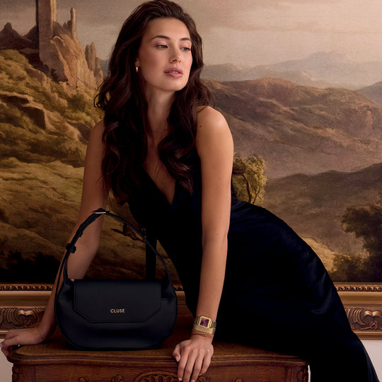 CLUSE Sacroisé Crossbody Bag, Black, Gold Colour CX04901 - Bag worn by model