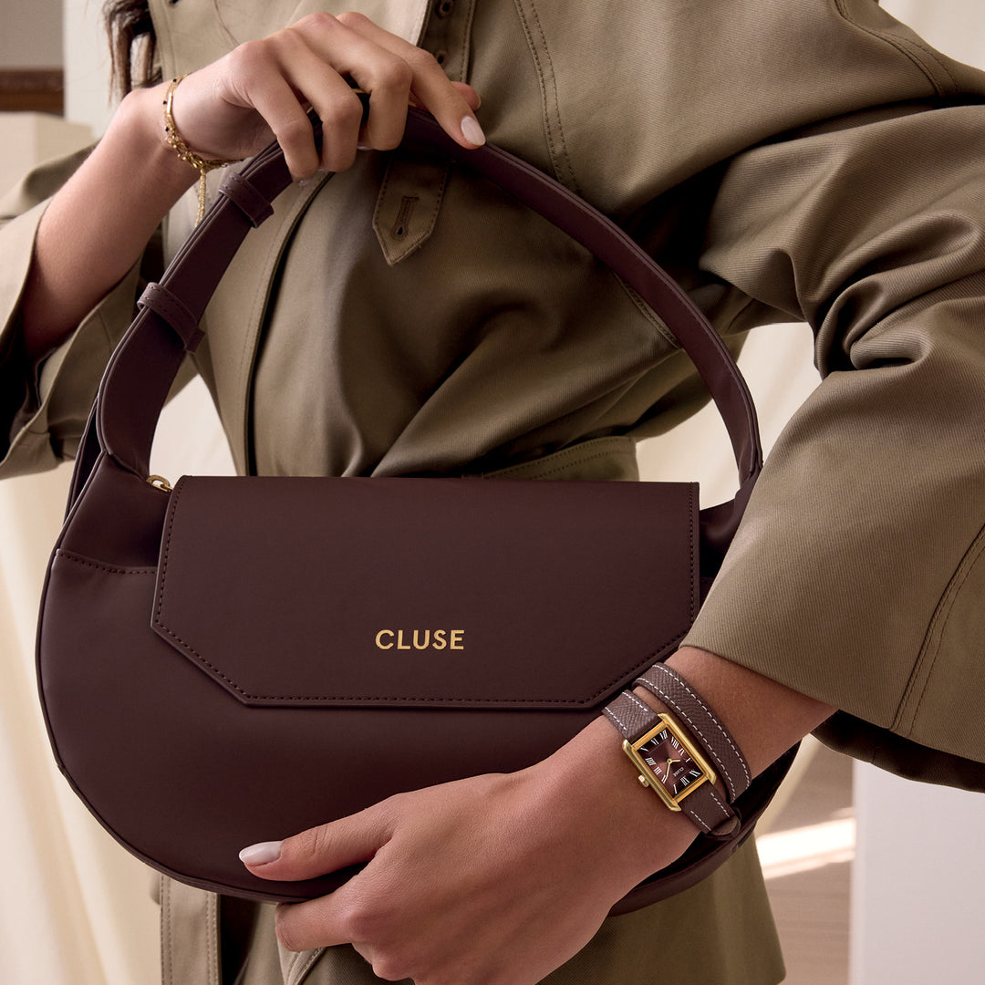 CLUSE Sacroisé Crossbody Bag, Dark Brown, Gold Colour - Bag worn by model