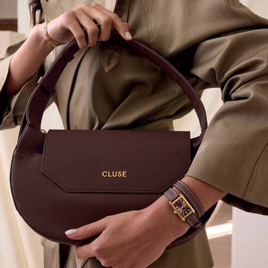 CLUSE Sacroisé Crossbody Bag, Dark Brown, Gold Colour - Bag worn by model