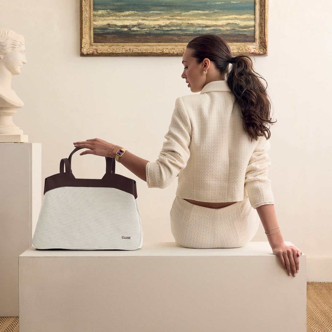 CLUSE Tote Bag, Beige, Dark Brown Colour CX15404 - Bag worn by model