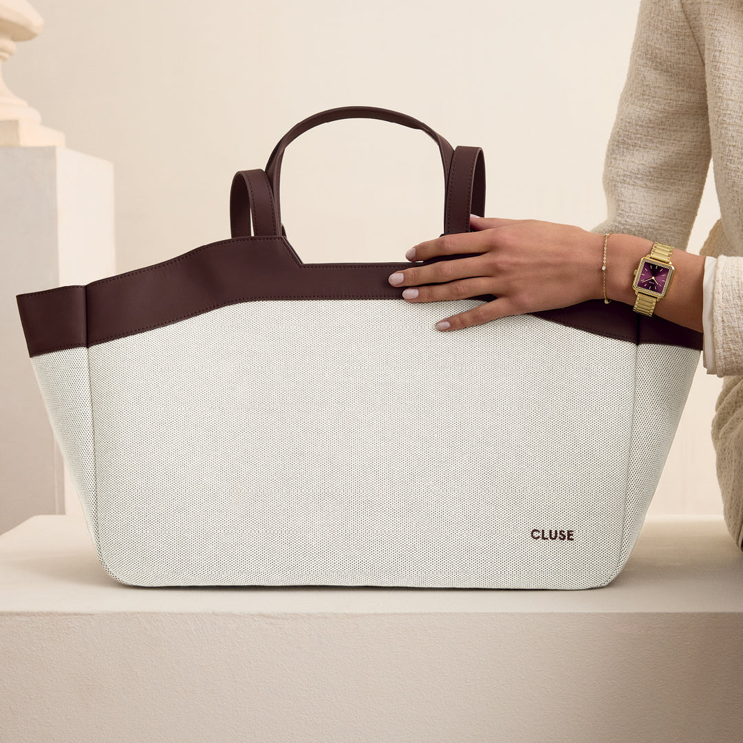 CLUSE Tote Bag, Beige, Dark Brown Colour CX15404 - Bag worn by model