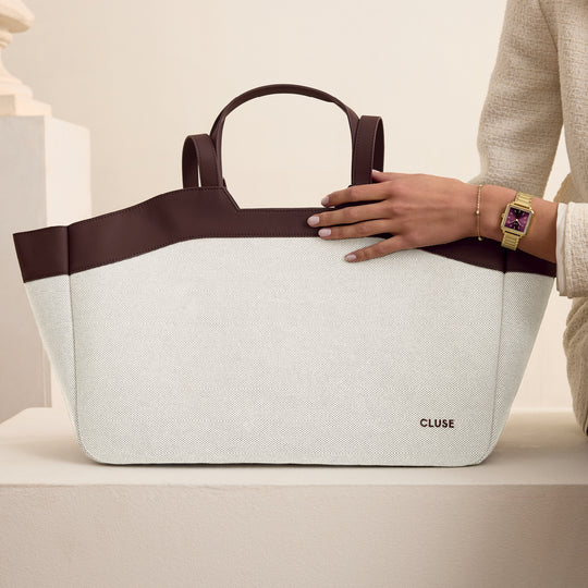 CLUSE Tote Bag, Beige, Dark Brown Colour CX15404 - Bag worn by model