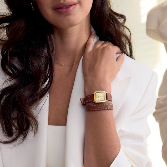 CLUSE Gracieuse Petite Watch Double Leather, White stones, Nutshell, Full Gold Colour CW11821 - Watch on model