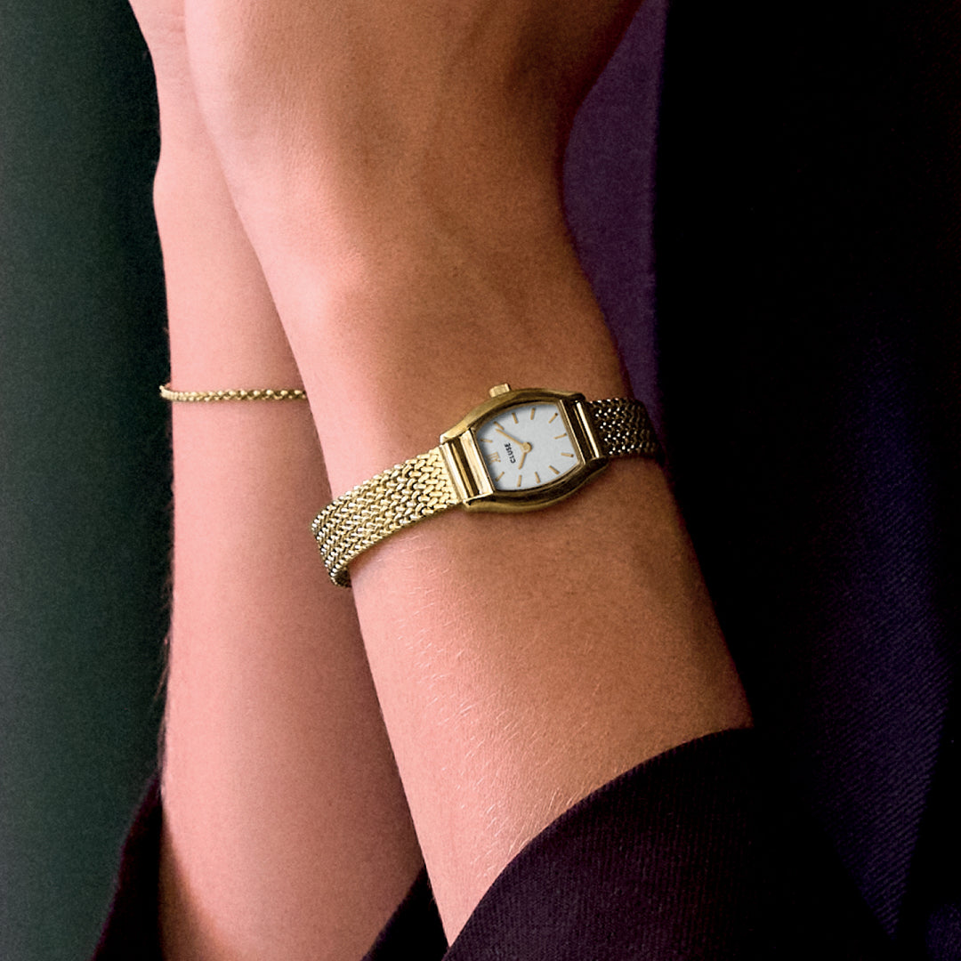 CLUSE Tonnette Mini Watch Mesh, White, Gold Colour CW16501 - Watch on model