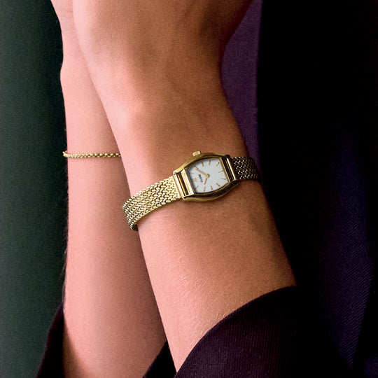 CLUSE Tonnette Mini Watch Mesh, White, Gold Colour CW16501 - Watch on model