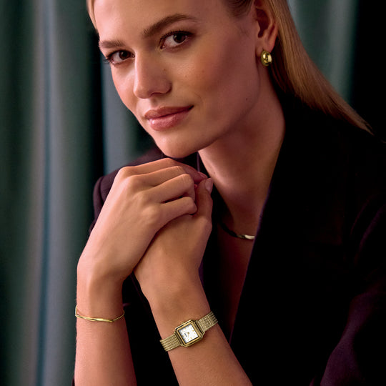 CLUSE Essentielle Small Round Hoop Earrings, Gold Colour CE13357 - Earrings on model