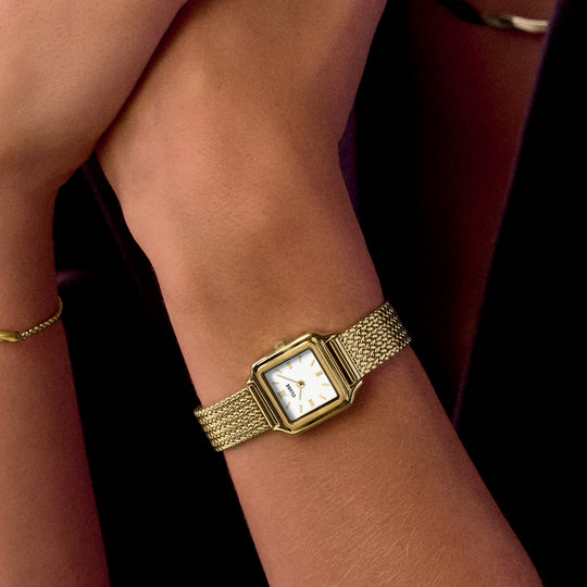 CLUSE Gracieuse Mini Watch Mesh, White, Gold Colour CW15509 - Watch on model