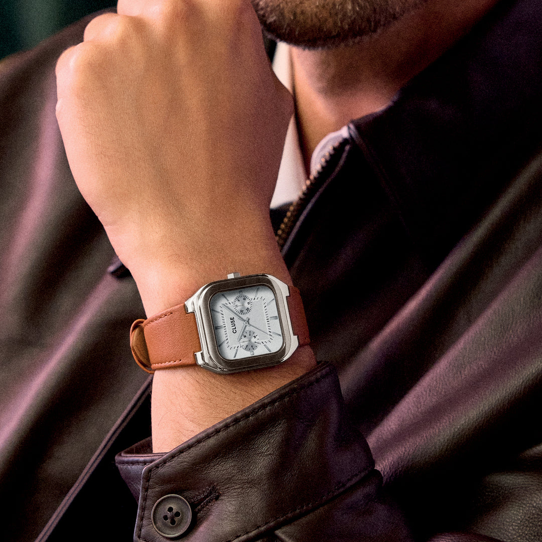 CLUSE Quadrus Multifunction Leather, Light Brown, Silver Colour CW26208 - Watch on model