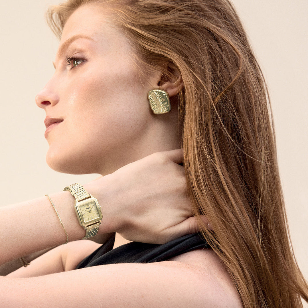CLUSE Élevé Sand Textured Earrings, Gold Colour CE13350 - Earrings on model