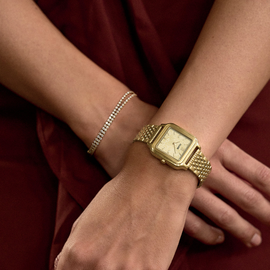 CLUSE Gracieuse Watch Steel, Lace Textured, Gold Colour CW11912 - Watch on model