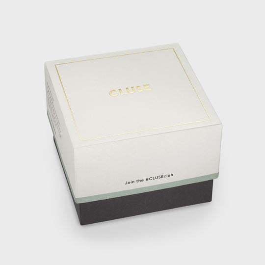 CLUSE Gift Box Boho Chic Petite Leather Dark Green and Mesh Strap, Gold Colour CG10502 - packaging