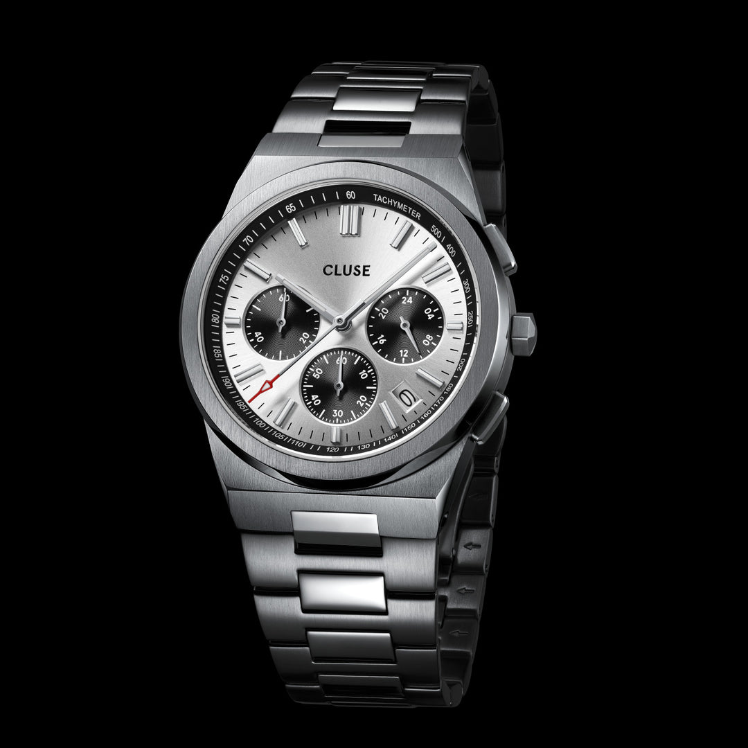 Vigoureux Chrono Steel Silver and Black, Silver Colour CW20807 - watch frontal.