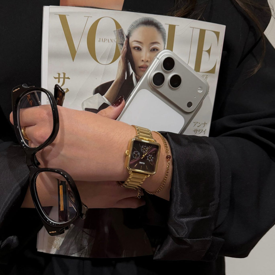 CLUSE Gift Box La Tétragone Multifunction Watch Steel, Dark Cherry & Bead Bracelet, Gold Colour CG13801 - Watch on influencer