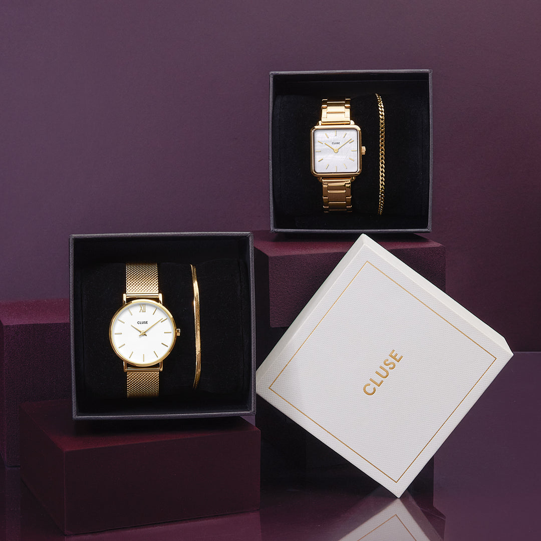 CLUSE Gift Box La Tétragone Watch Steel, White Pearl & Curb Chain Bracelet, Gold Colour CG10327 - gift boxes
