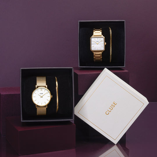 CLUSE Gift Box La Tétragone Watch Steel, White Pearl & Curb Chain Bracelet, Gold Colour CG10327 - gift boxes