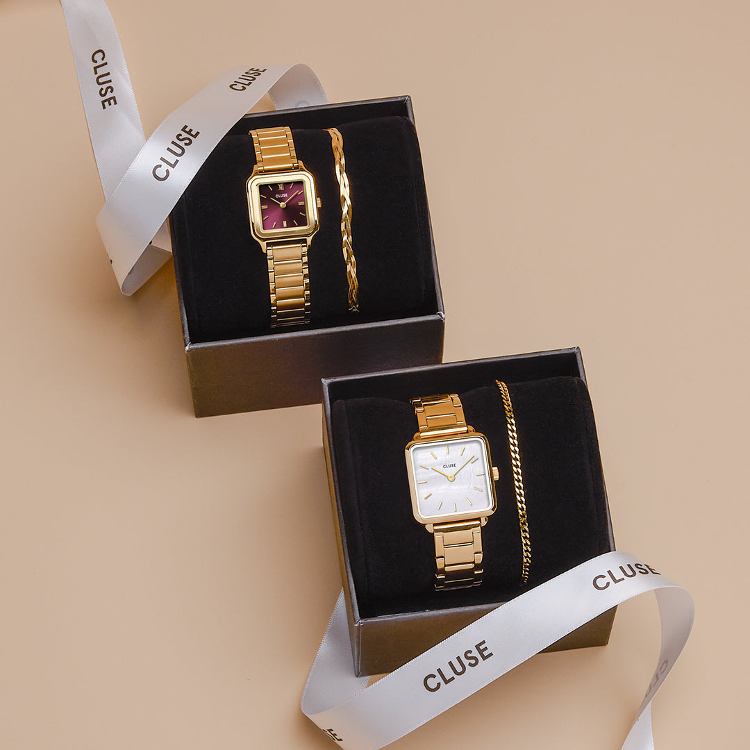 CLUSE Gift Box La Tétragone Watch Steel, White Pearl & Curb Chain Bracelet, Gold Colour CG10327 - gift boxes