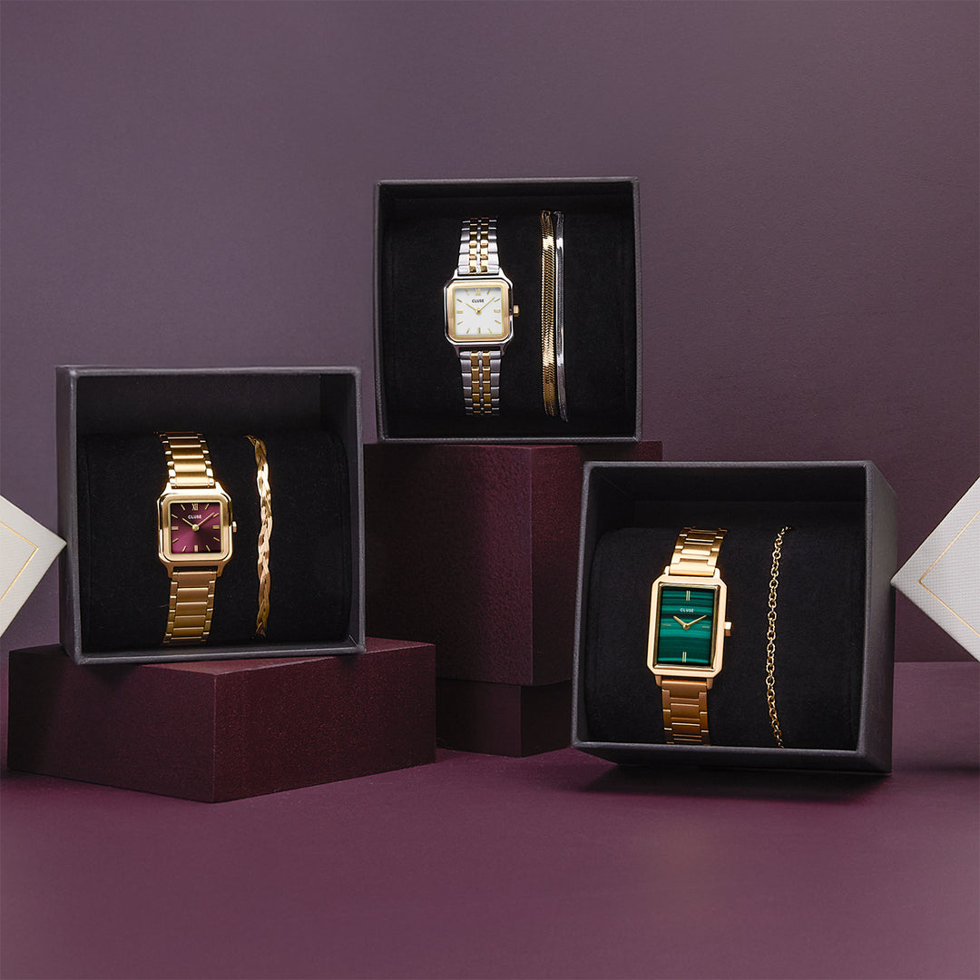 CLUSE Gift Box Gracieuse Petite Watch Steel, Dark Cherry & Braided Snake Bracelet, Gold Colour CG11805 - gift boxes