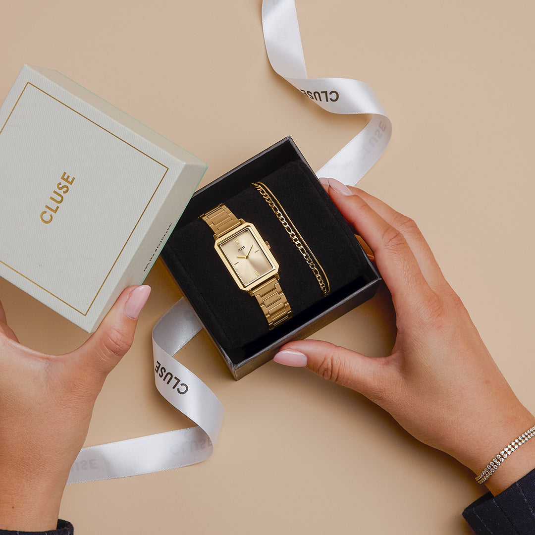 CLUSE Gift Box Fluette Watch Steel & Double Chain Bracelet, Gold Colour CG11507 - gift box