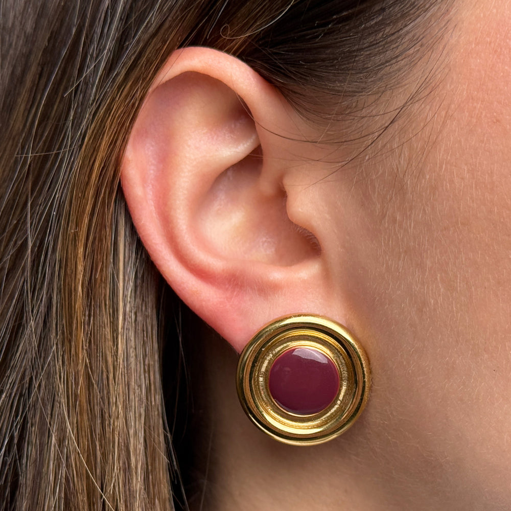 CLUSE Élevé Round Burgundy Enamel Earrings, Gold Colour CE13349 - Earrings on ear