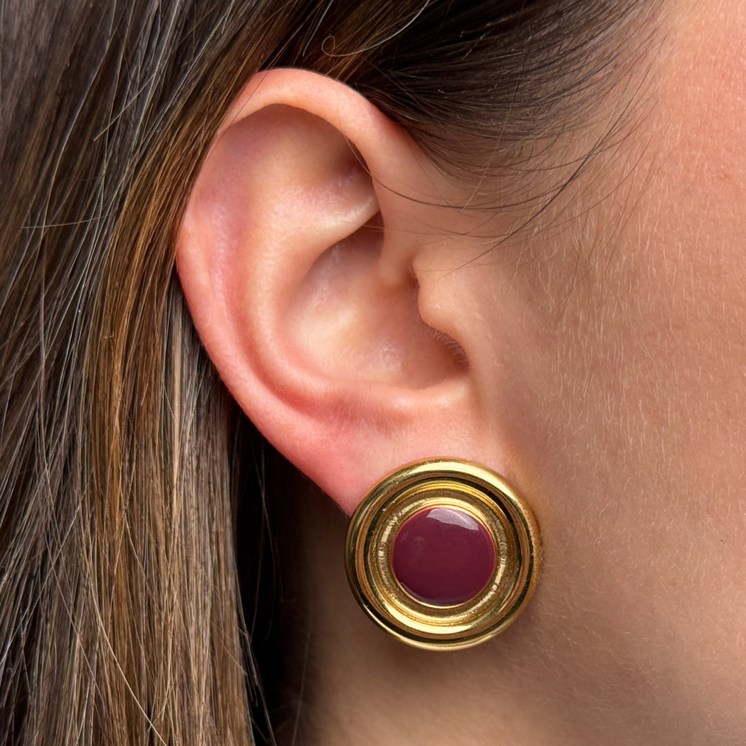 CLUSE Élevé Round Burgundy Enamel Earrings, Gold Colour CE13349 - Earrings on ear