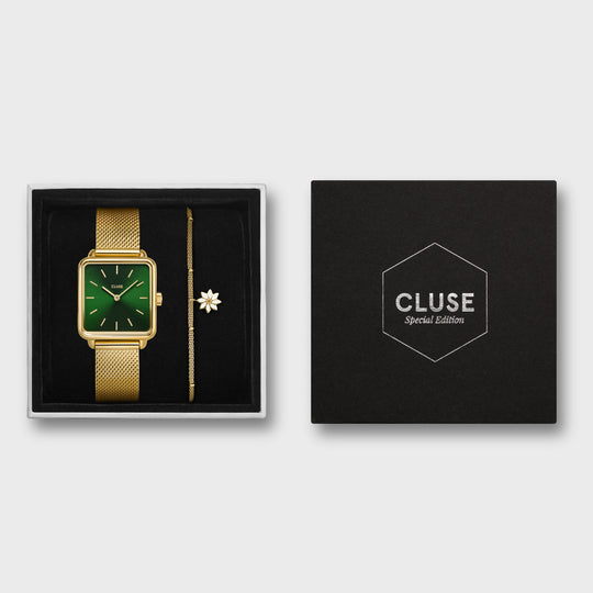 Giftbox La Tétragone Watch Mesh, Green & Chain Bracelet Daisy, Gold Colour CG10115 - Gift box