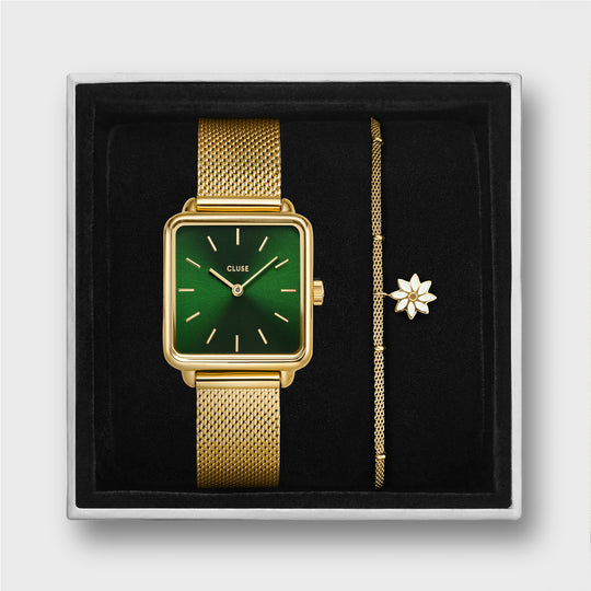 Giftbox La Tétragone Watch Mesh, Green & Chain Bracelet Daisy, Gold Colour CG10115 - Gift box
