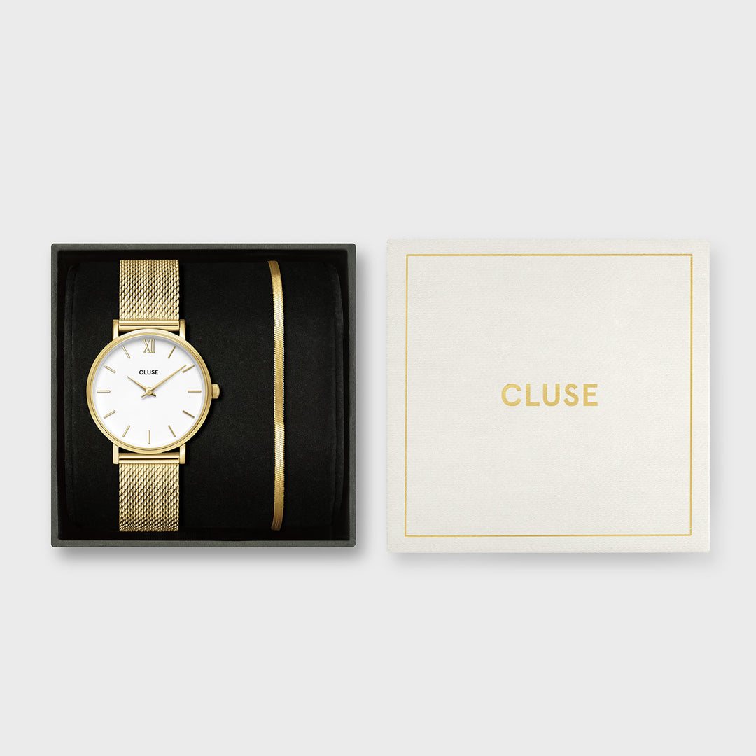 CLUSE Gift Box Minuit Watch Mesh, White & Flat Snake Bracelet, Gold Colour CG10215 - Gift box