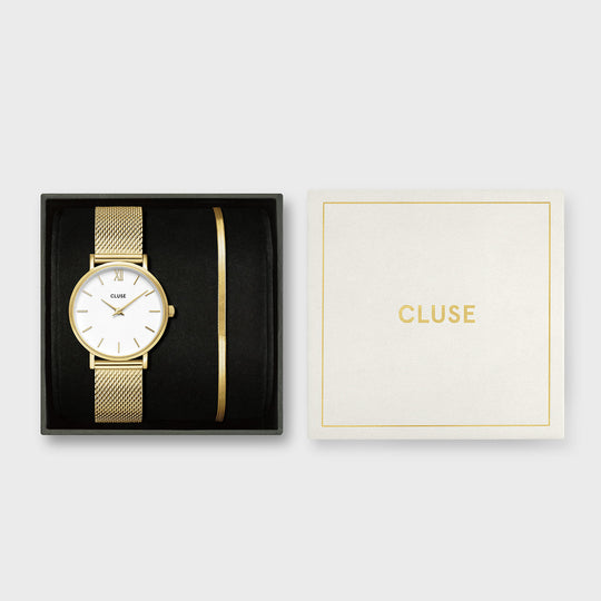 CLUSE Gift Box Minuit Watch Mesh, White & Flat Snake Bracelet, Gold Colour CG10215 - Gift box