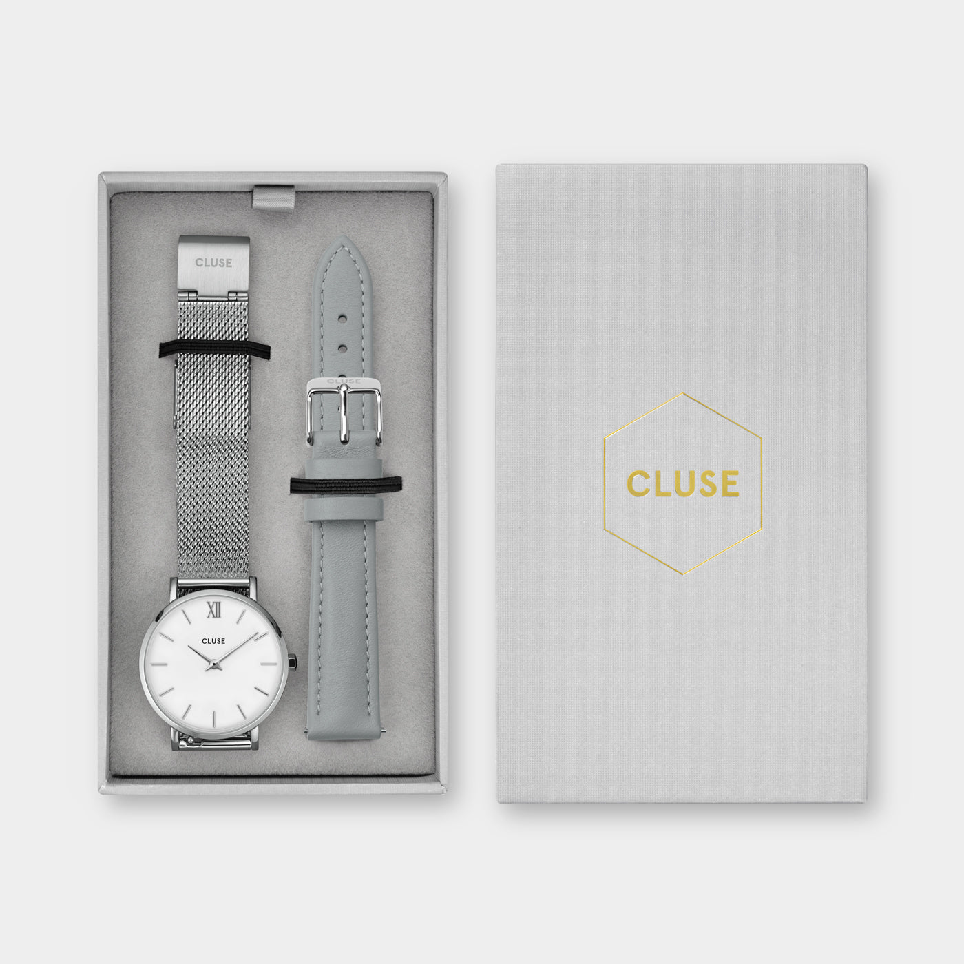 CLUSE Gift Box Minuit Watch Mesh & Grey Leather Strap, Silver Colour CG10213 - gift box