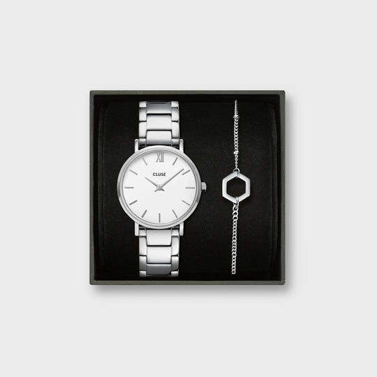CLUSE Gift Box Minuit Steel Watch and Essentielle Mix Chain Bracelet, Silver Colour - giftbox frontal