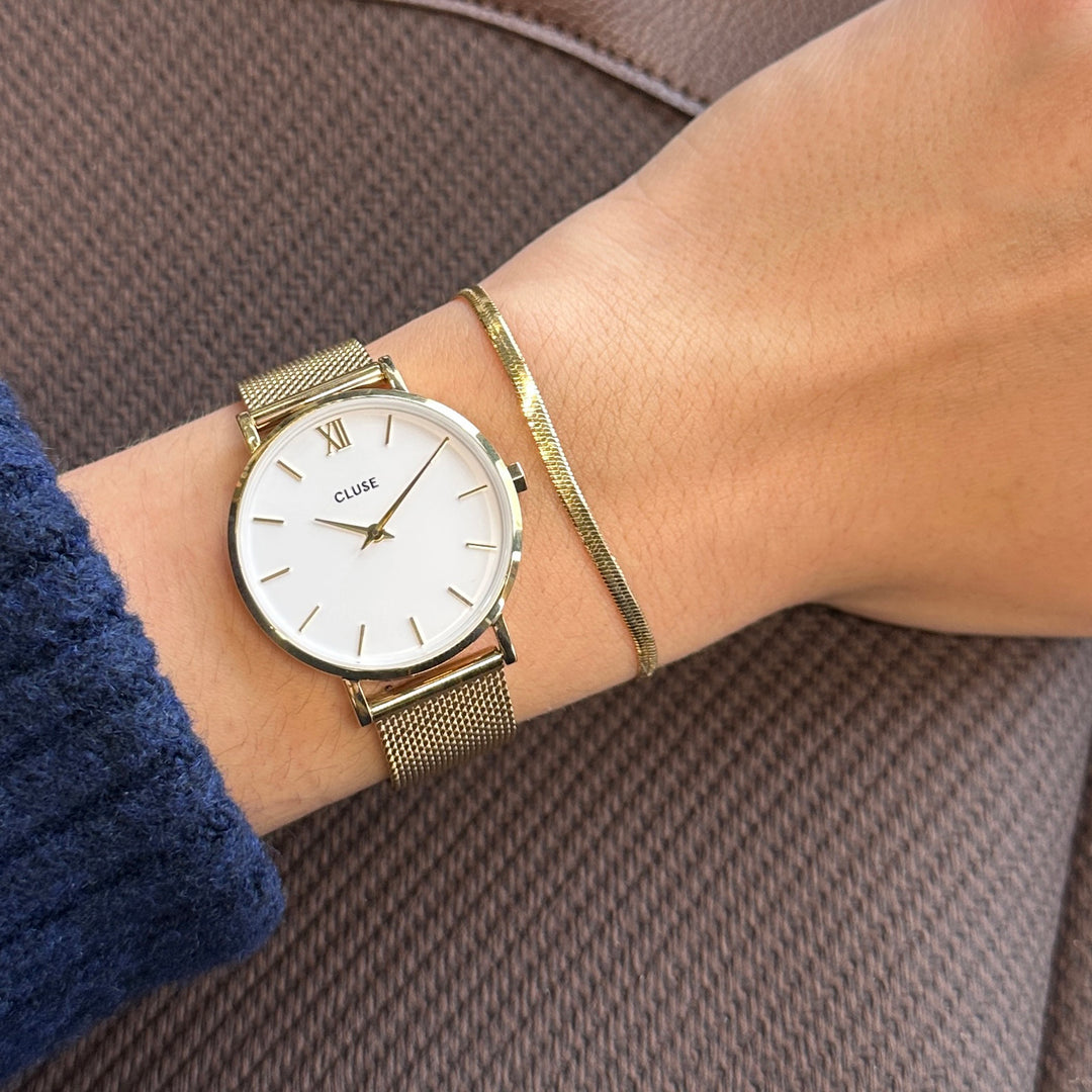CLUSE Gift Box Minuit Watch Mesh, White & Flat Snake Bracelet, Gold Colour CG10215 - watch on wrist