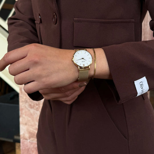 CLUSE Gift Box Minuit Watch Mesh, White & Flat Snake Bracelet, Gold Colour CG10215 - watch on wrist