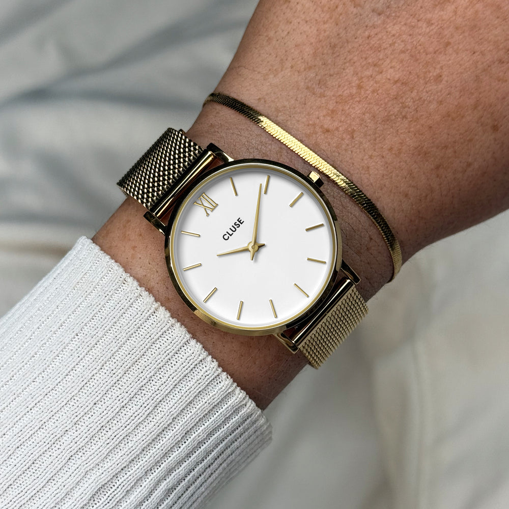 CLUSE Gift Box Minuit Watch Mesh, White & Flat Snake Bracelet, Gold Colour CG10215 - watch on wrist