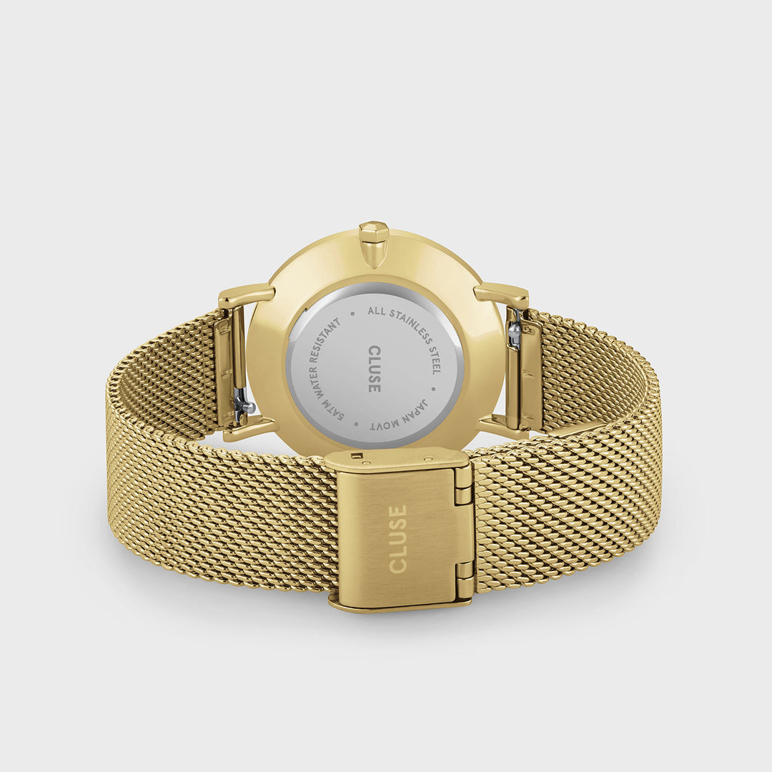 CLUSE Gift Box Minuit Watch Mesh, White & Flat Snake Bracelet, Gold Colour CG10215 - Watch clasp and back