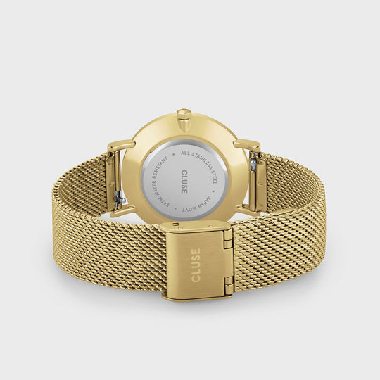CLUSE Gift Box Minuit Watch Mesh, White & Flat Snake Bracelet, Gold Colour CG10215 - Watch clasp and back