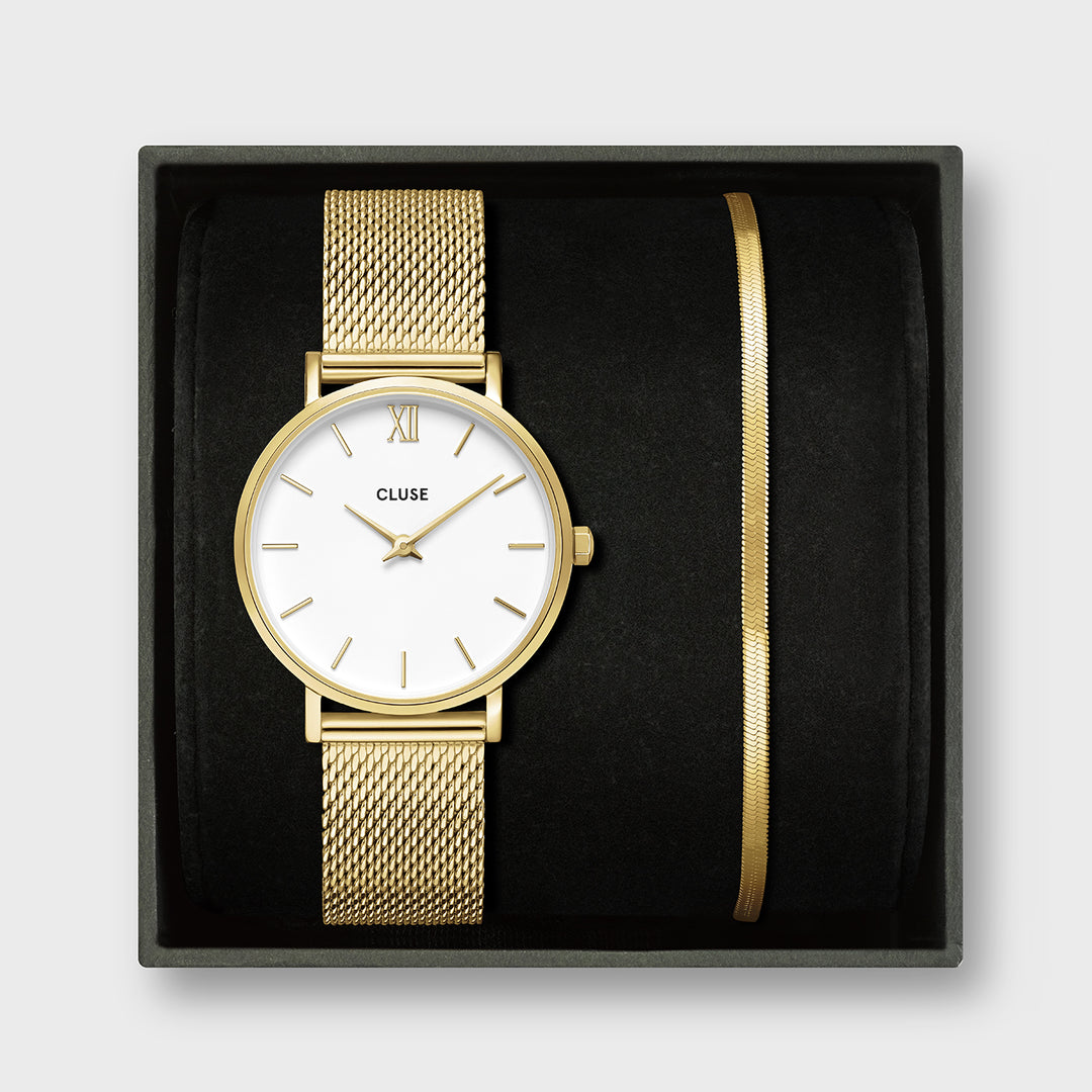CLUSE Gift Box Minuit Watch Mesh, White & Flat Snake Bracelet, Gold Colour CG10215 - front gift box image