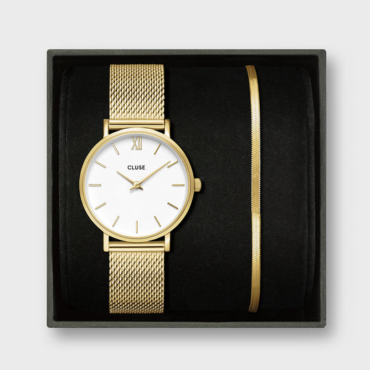 CLUSE Gift Box Minuit Watch Mesh, White & Flat Snake Bracelet, Gold Colour CG10215 - front gift box image