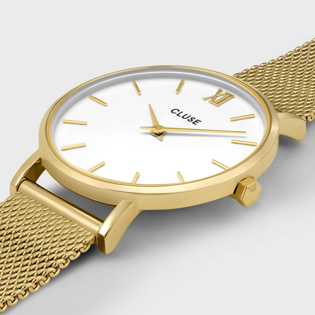CLUSE Gift Box Minuit Watch Mesh, White & Flat Snake Bracelet, Gold Colour CG10215 - Watch case detail