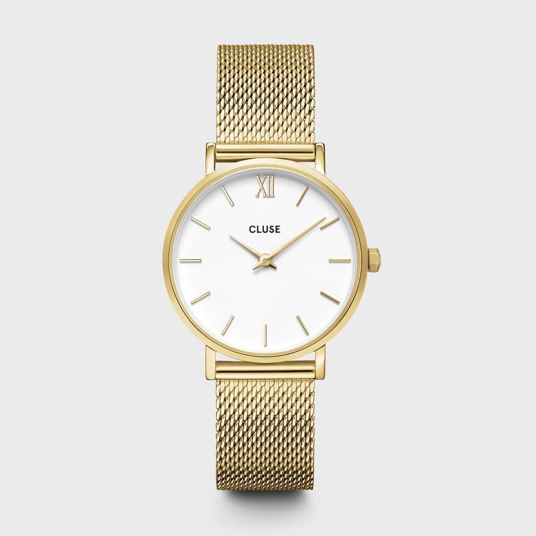 CLUSE Gift Box Minuit Watch Mesh, White & Flat Snake Bracelet, Gold Colour CG10215 - Watch