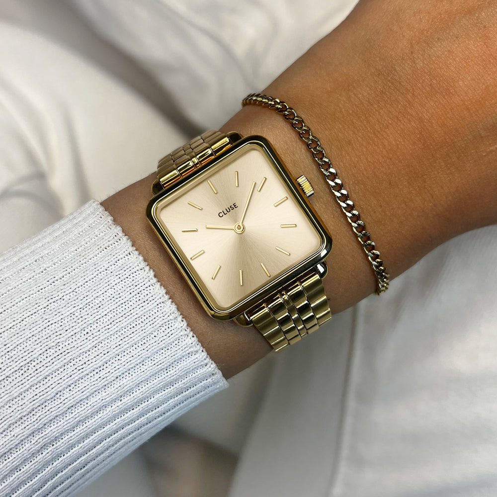 CLUSE Gift Box La Tétragone Full Gold Steel Watch & Curb Chain Bracelet, Gold Colour CG10324 - front wristshot image